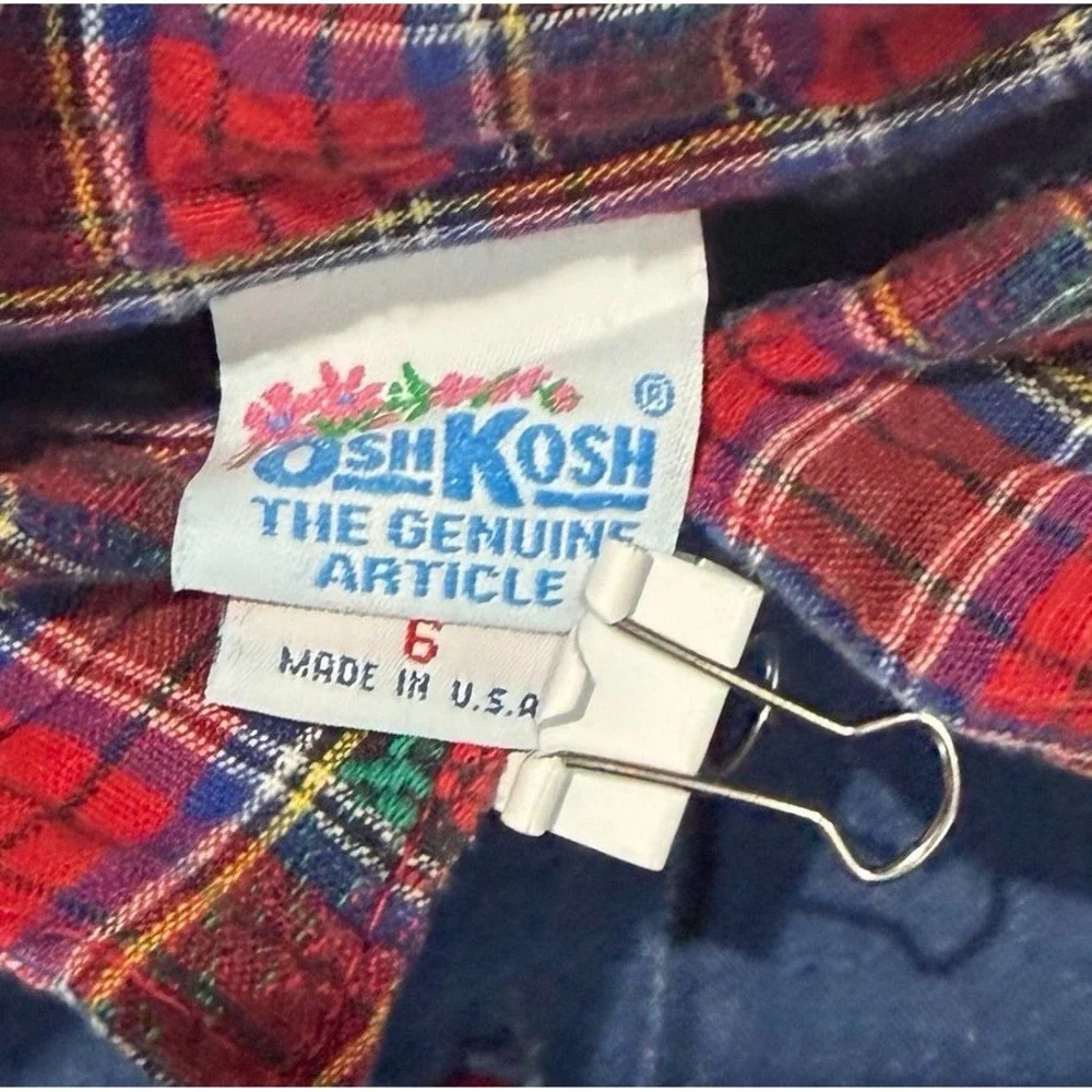 Vintage OshKosh B'gosh Girls Denim Dress Plaid Trim Made in USA Size 6 Blue Red‎